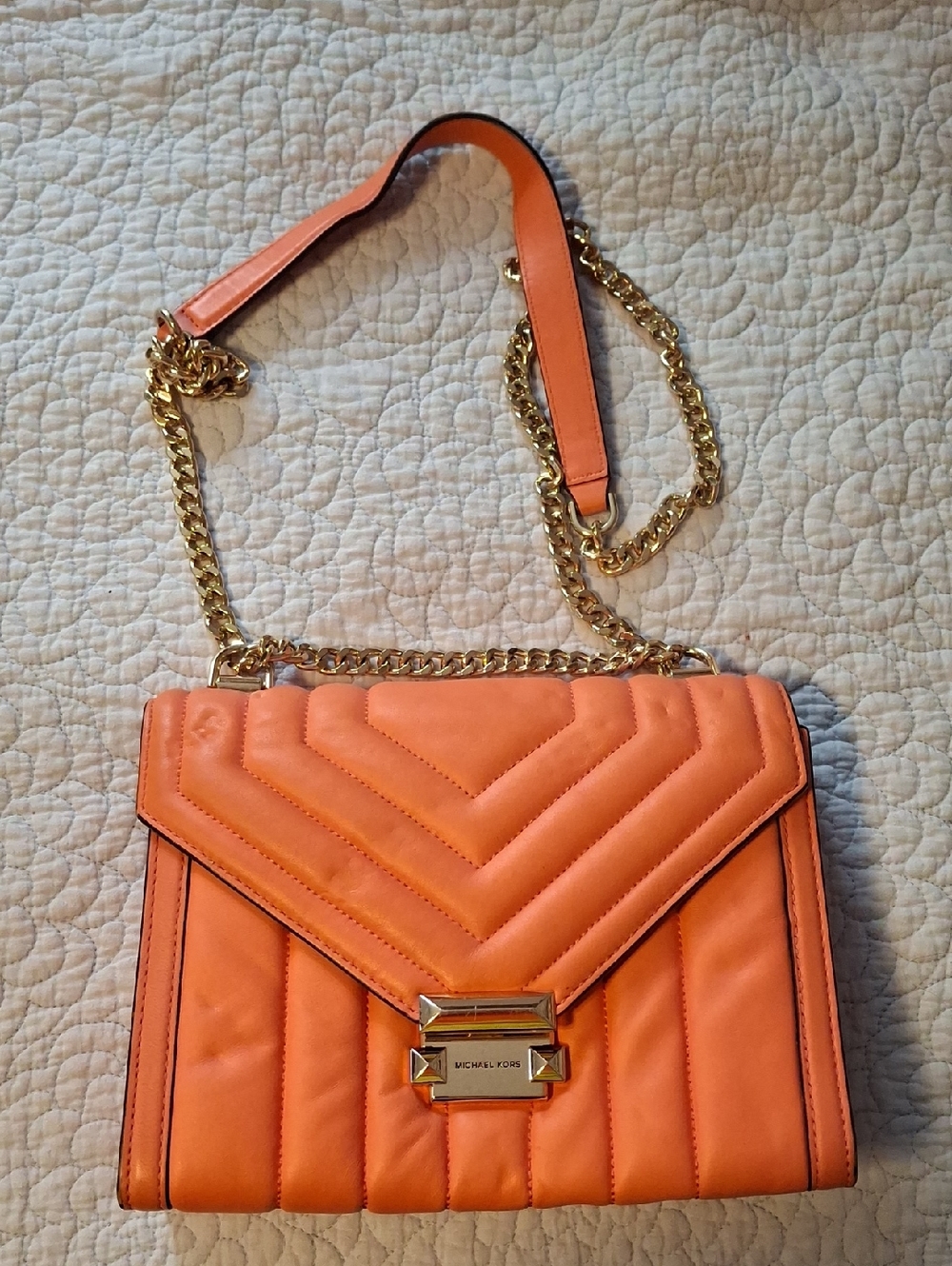 Michael Kors Orange Quilted Crossbody Bag with Gold Chain